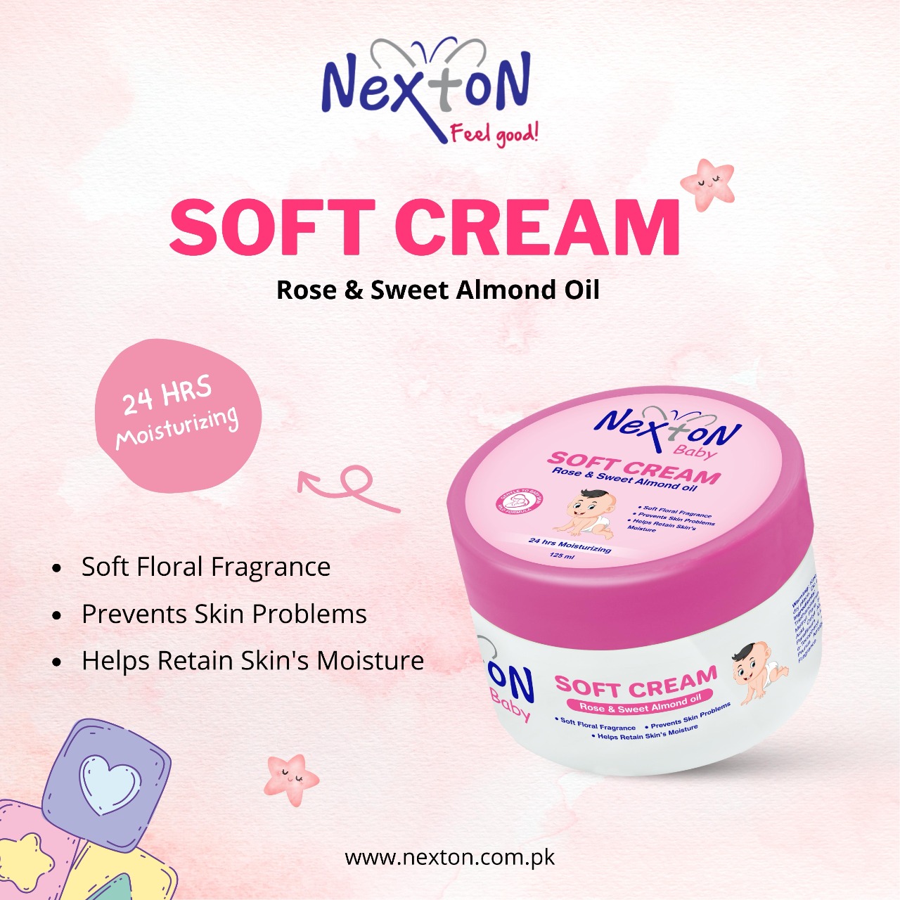 NEXTON BABY SOFT CREAM 125ML ROSE & SWEET ALMOND OIL